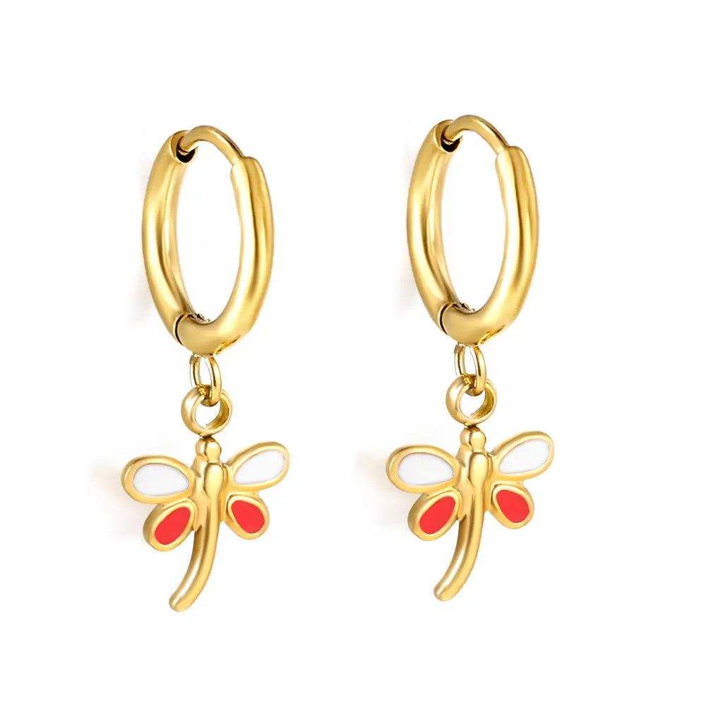 Gold-Plated Stainless Steel Dragonfly Hoop Earrings