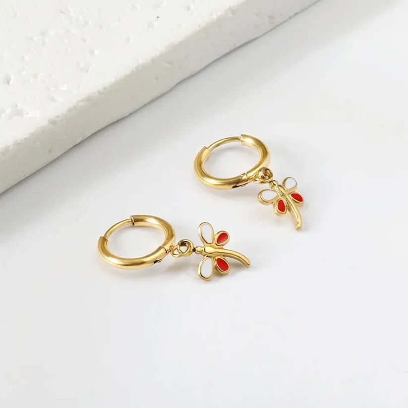 Gold-Plated Stainless Steel Dragonfly Hoop Earrings