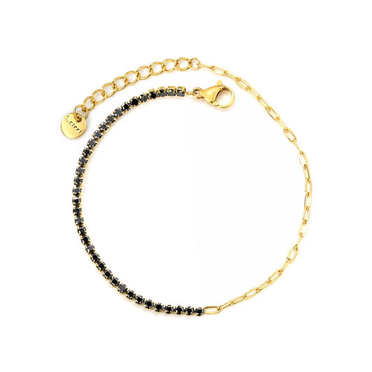 Adult Black Four-Prong Round Zirconia Bracelet, Gold Plated
