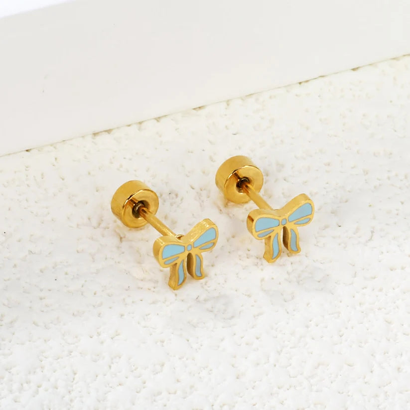 Gold-Plated Stainless Steel Blue Bow Stud Earrings (Twist Back)