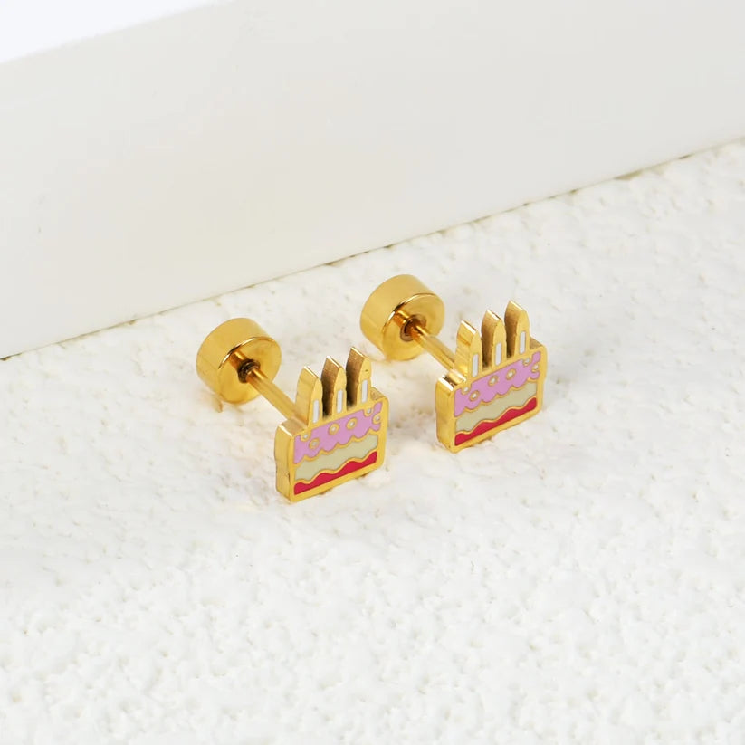 Gold-Plated Stainless Steel Cake Stud Earrings (Twist Back)