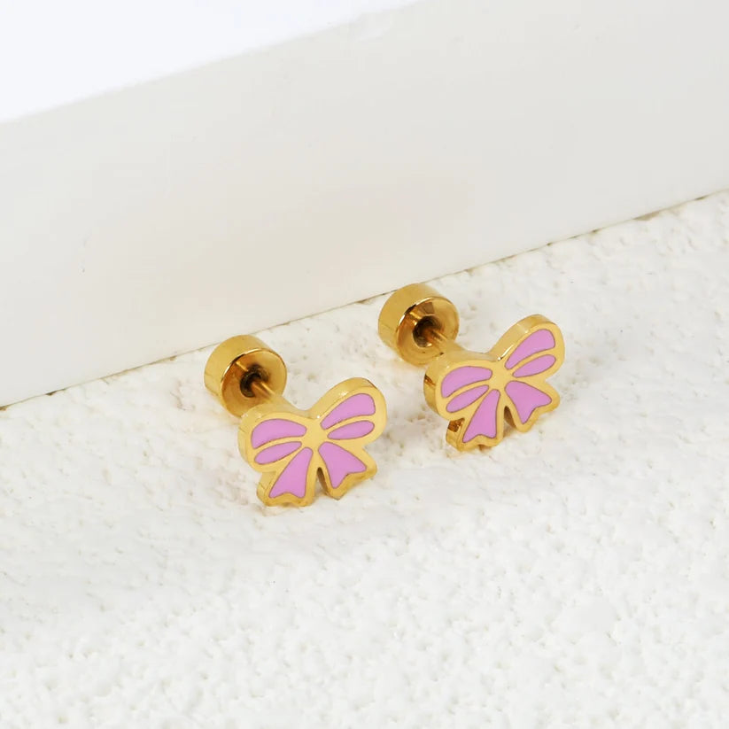 Gold-Plated Stainless Steel Pink Bow Stud Earrings (Twist Back)