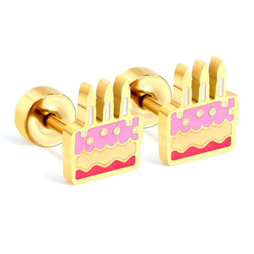 Gold-Plated Stainless Steel Cake Stud Earrings (Twist Back)