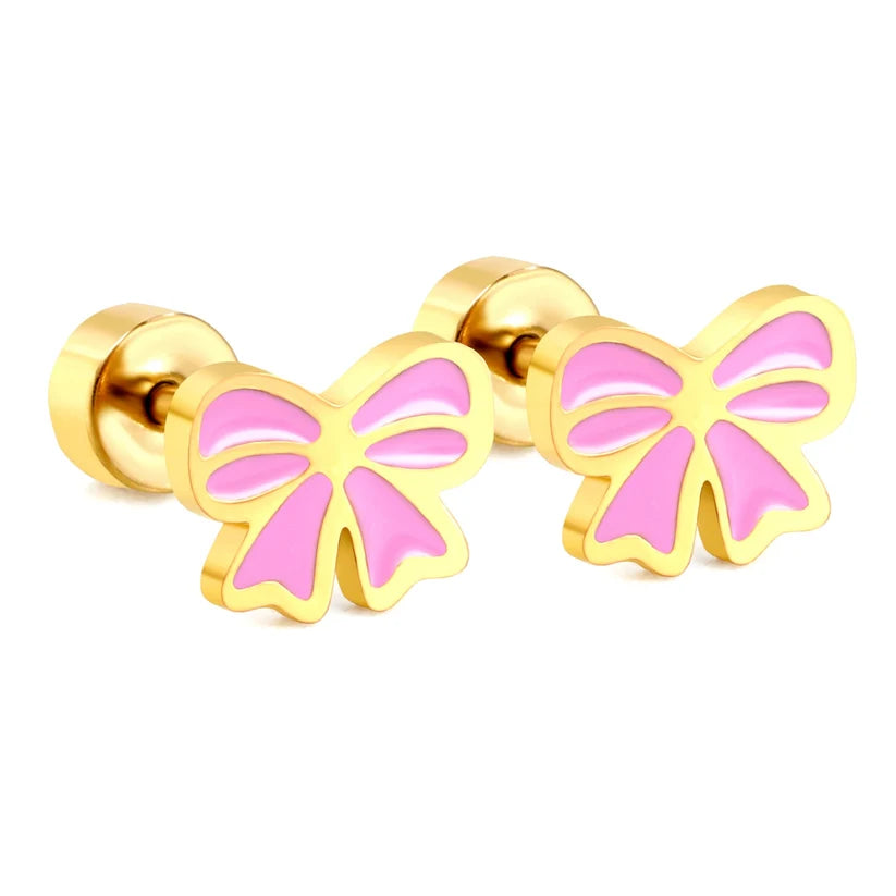 Gold-Plated Stainless Steel Pink Bow Stud Earrings (Twist Back)