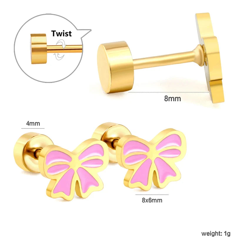 Gold-Plated Stainless Steel Pink Bow Stud Earrings (Twist Back)