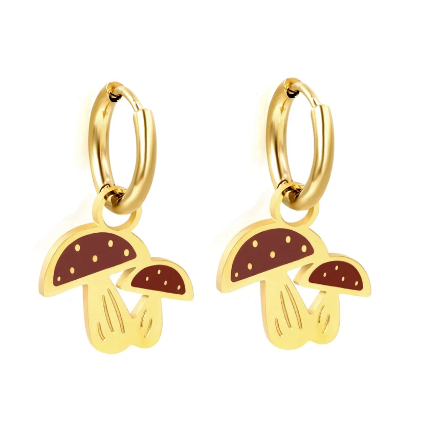Gold-Plated Stainless Steel Hoop Mushroom Earrings