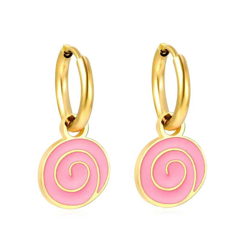 Gold-Plated Stainless Steel Pink Lollipop Hoop Earrings