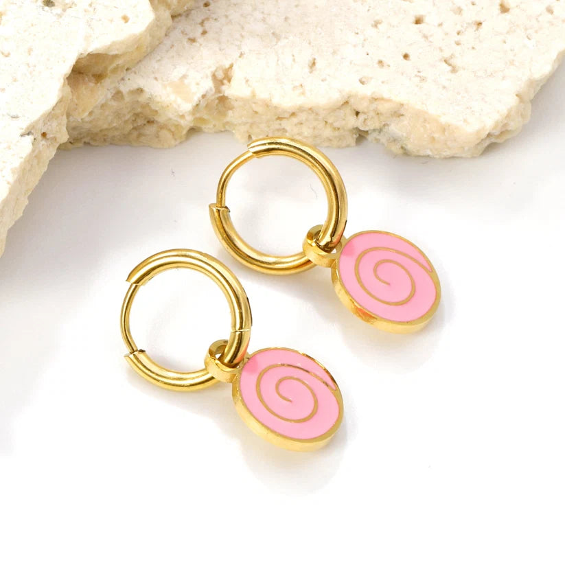 Gold-Plated Stainless Steel Pink Lollipop Hoop Earrings