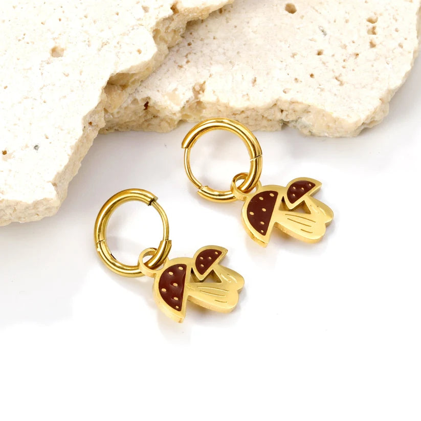 Gold-Plated Stainless Steel Hoop Mushroom Earrings