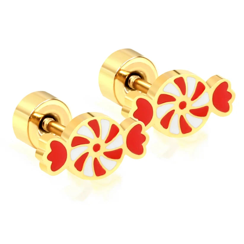 Gold-Plated Stainless Steel Christmas Carousel Candy Stud Earrings (Twist Back)