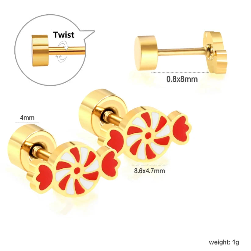 Gold-Plated Stainless Steel Christmas Carousel Candy Stud Earrings (Twist Back)