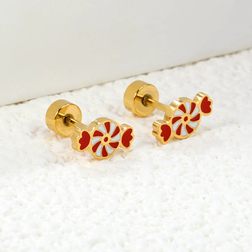 Gold-Plated Stainless Steel Christmas Carousel Candy Stud Earrings (Twist Back)