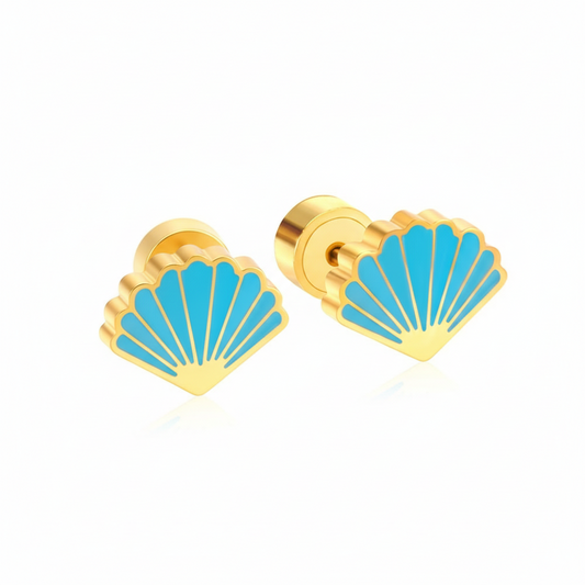 Gold-Plated Stainless Steel Seashell Stud Earrings with Epoxy- Press Back