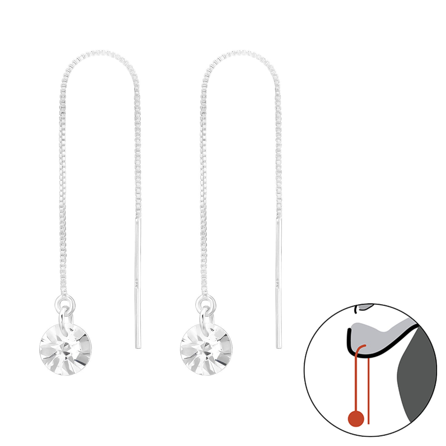 Adult 925 Sterling Silver Thread Through Round 6mm Cubic Zirconia Earring