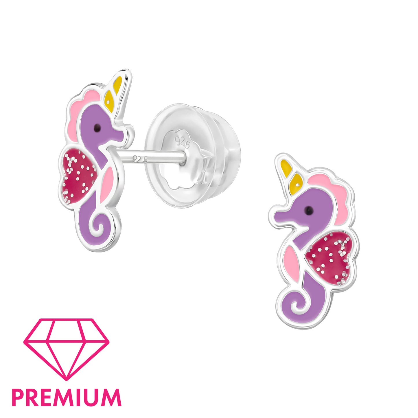 925 Sterling Silver Premium Seahorse Kid Ear Studs with Epoxy