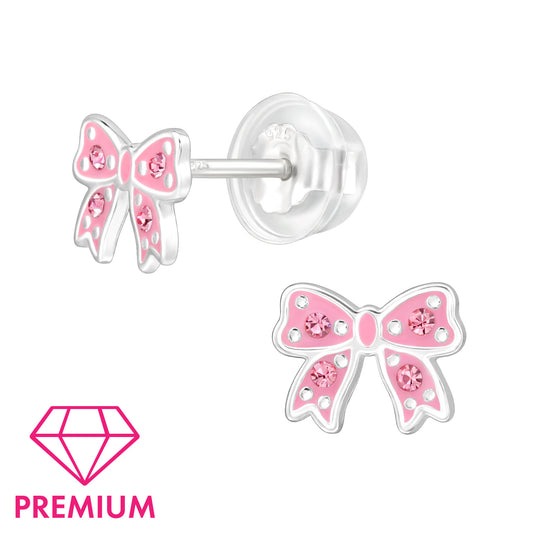 925 Sterling Silver Bow Kid Premium Earrings with Crystal and Epoxy