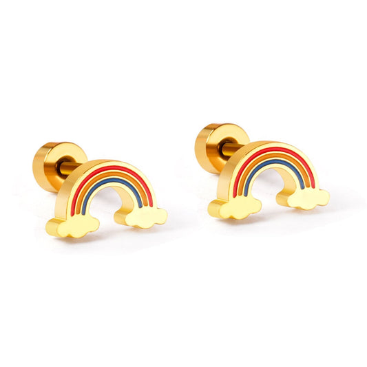 Gold-Plated Stainless Steel Rainbow Stud Earrings with Epoxy