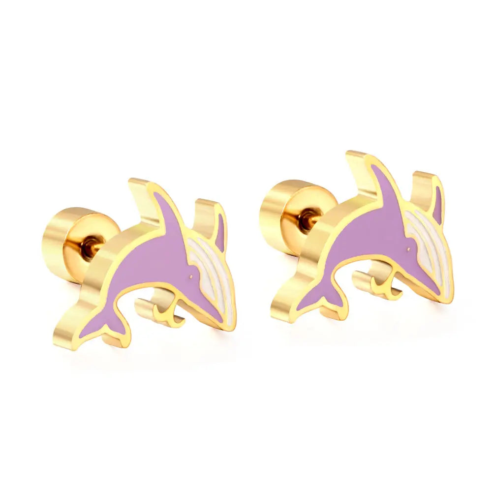 Gold-Plated Stainless Steel Dolphin Stud Earrings with Epoxy (Twist Back)