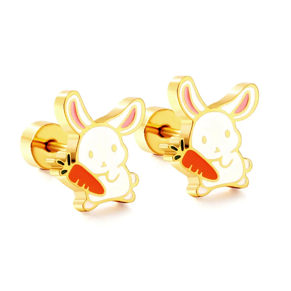 Gold-Plated Stainless Steel Rabbit Stud Earrings with Epoxy