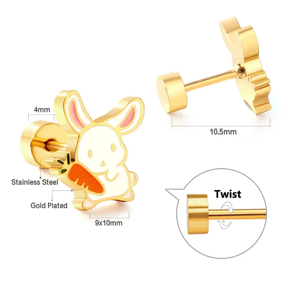 Gold-Plated Stainless Steel Rabbit Stud Earrings with Epoxy