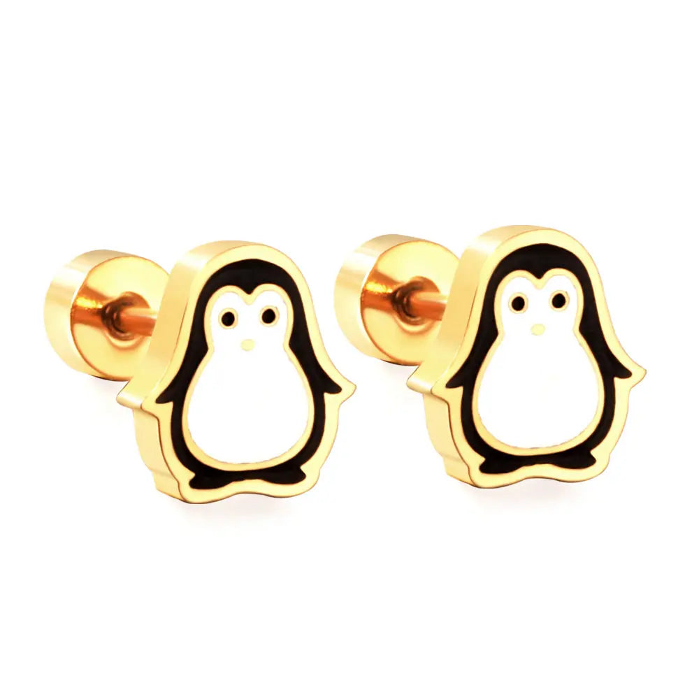 Gold-Plated Stainless Steel penguin Stud Earrings with Epoxy (Twist Back)