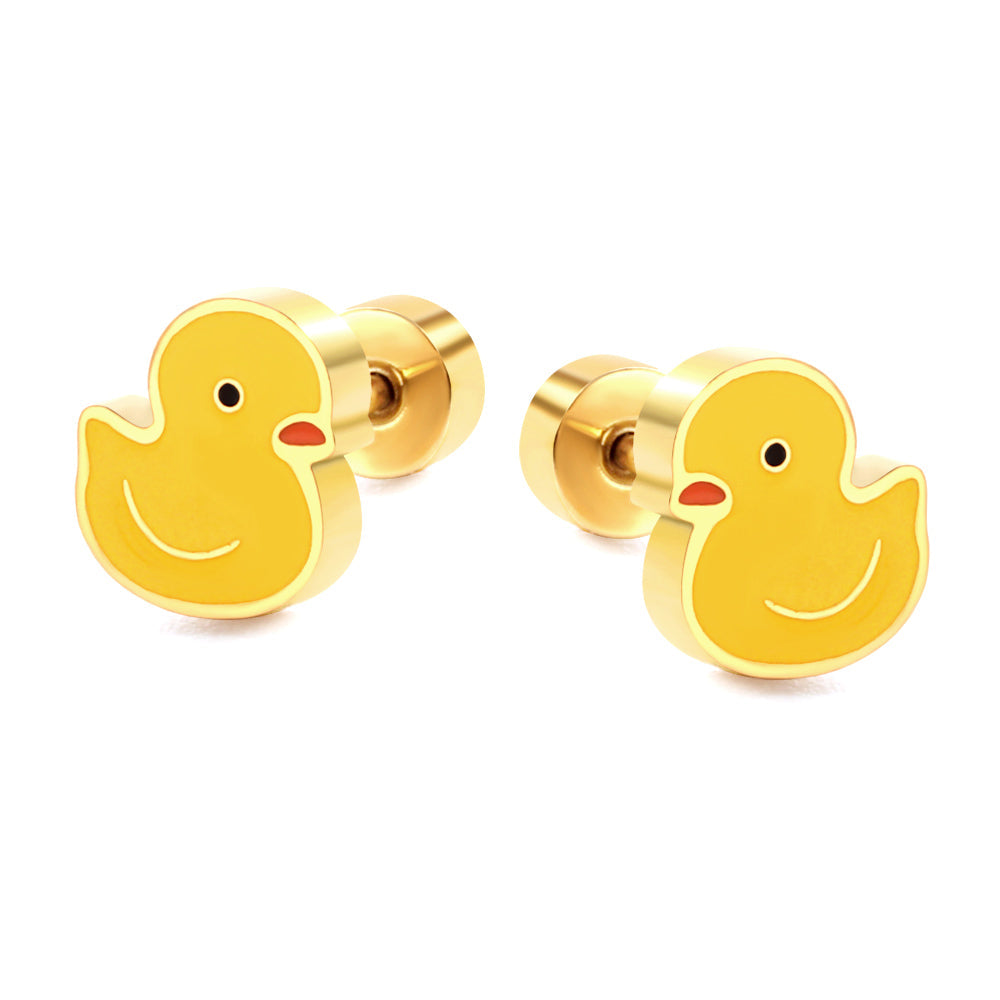 Gold-Plated Stainless Steel Little Yellow Duck Stud Earrings with Epoxy