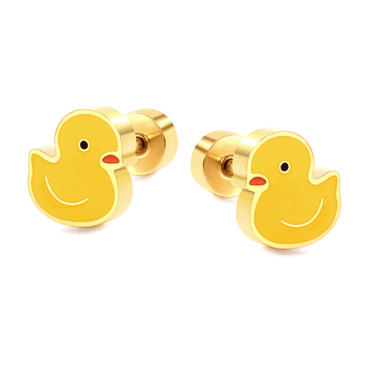 Gold-Plated Stainless Steel Little Yellow Duck Stud Earrings with Epoxy
