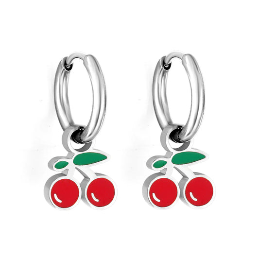 Stainless Steel Cherry Hoop Earrings with Epoxy