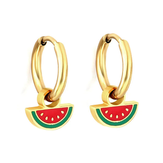 Gold-Plated Stainless Steel Watermelon Hoop Earrings with Epoxy