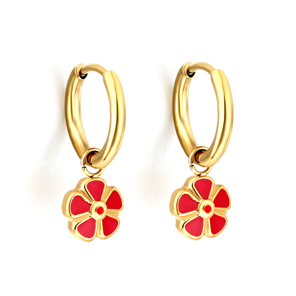 Gold-Plated Stainless Steel Red Peach Blossom Hoop Earrings with Epoxy