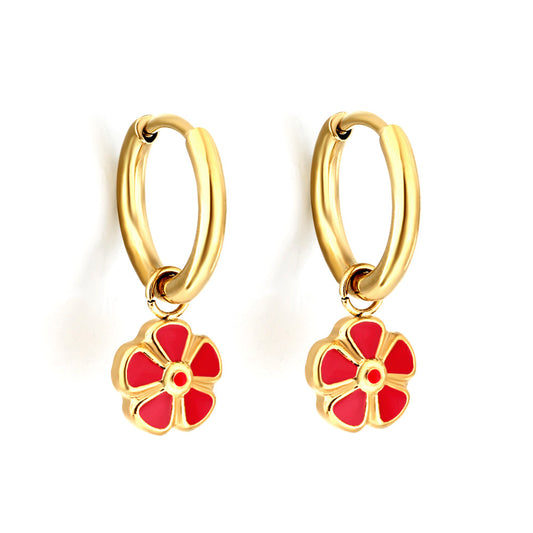 Gold-Plated Stainless Steel Red Peach Blossom Hoop Earrings with Epoxy