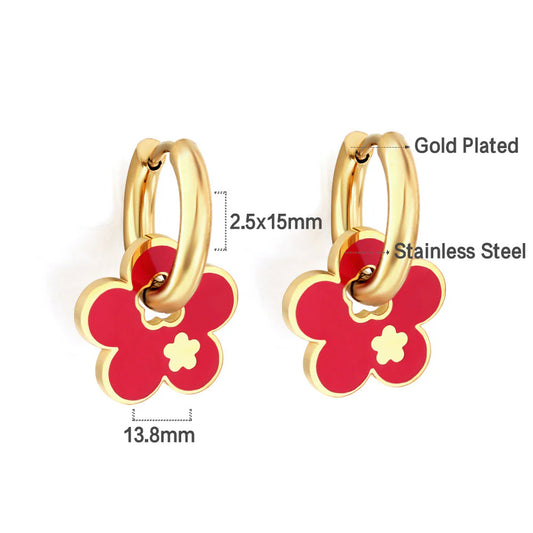 Gold-Plated Stainless Steel Blossom Hoop Earrings with Epoxy