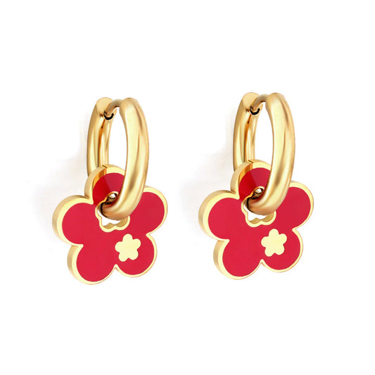 Gold-Plated Stainless Steel Blossom Hoop Earrings with Epoxy