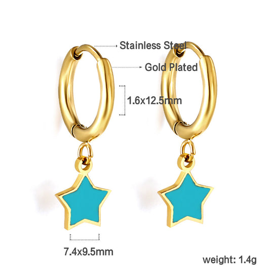 Gold-Plated Stainless Steel Star Hoop Earrings with Epoxy