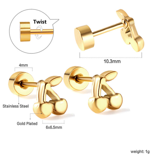 Gold-Plated Stainless Steel Cherry Stud Earrings (Twist Back)