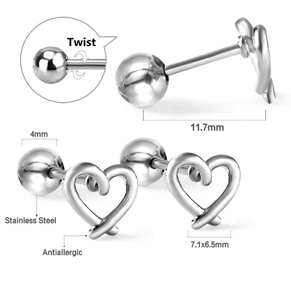 Stainless Steel Heart Stud Earrings - Ball screw Back