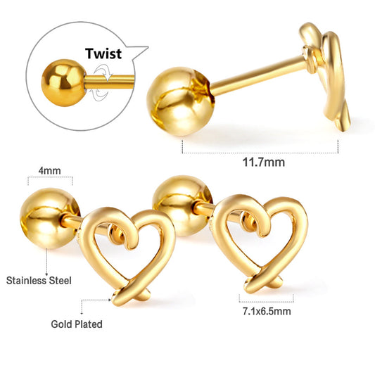 Gold-Plated Stainless Steel Heart Stud Earrings - Ball screw Back