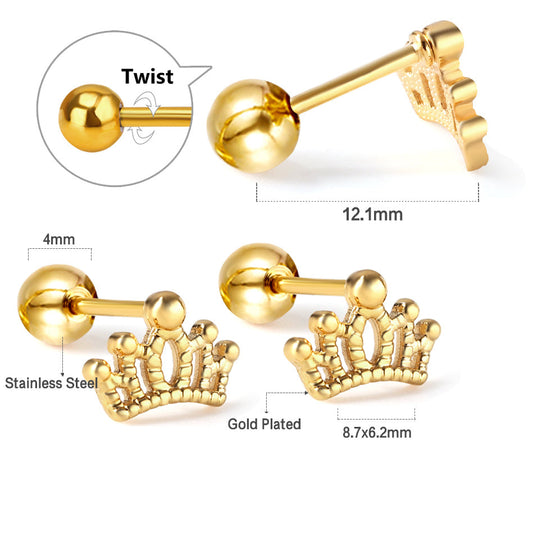 Gold-Plated Stainless Steel Crown Stud Earrings - Ball Screw Back