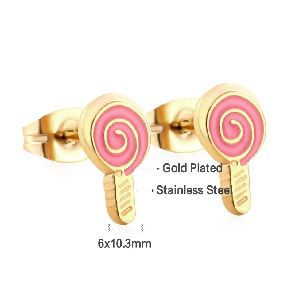Gold-Plated Stainless Steel Lollipop Stud Earrings with Epoxy