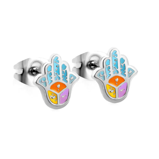 Stainless Steel Hamsa Stud Earrings with Epoxy