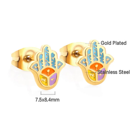 Gold-Plated Stainless Steel Hamsa Stud Earrings with Epoxy