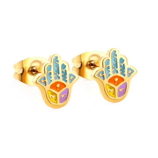 Gold-Plated Stainless Steel Hamsa Stud Earrings with Epoxy