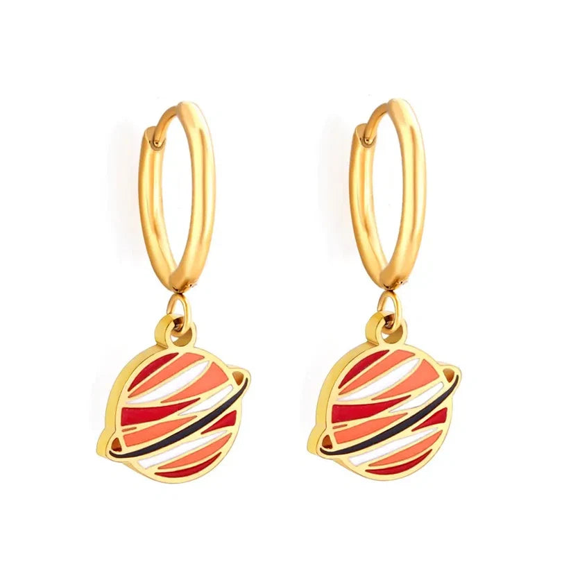 Gold-Plated Stainless Steel Planet Hoop Earrings With Epoxy