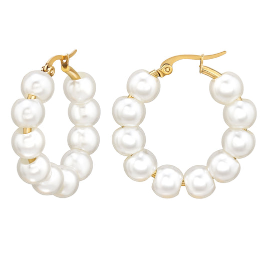 Adult Stainless Steel Gold Plated Hoops with Imitation Pearls and French Lock
