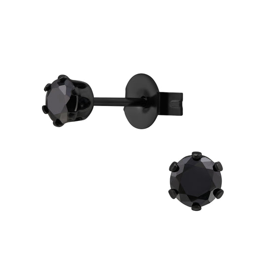 Black Surgical Steel Round 4mm Ear Studs with Cubic Zirconia