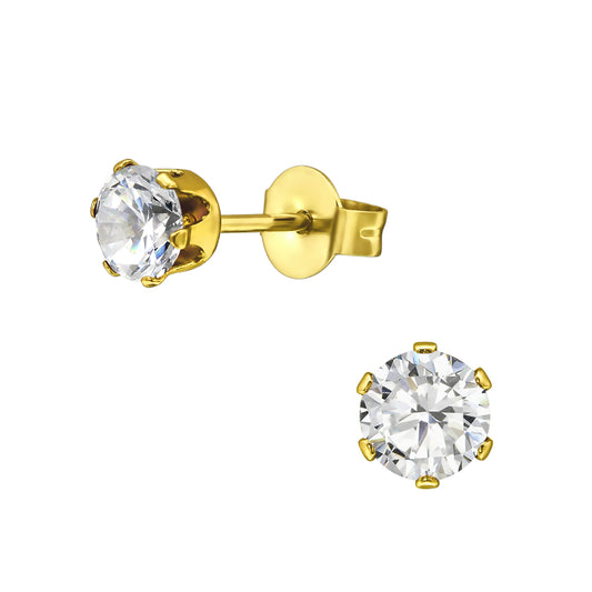 Gold Plated 5mm Round Surgical Steel Ear Studs with Cubic Zirconia