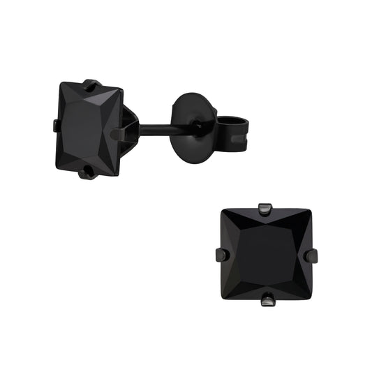 Black Surgical Steel Square 6mm Ear Studs with Cubic Zirconia