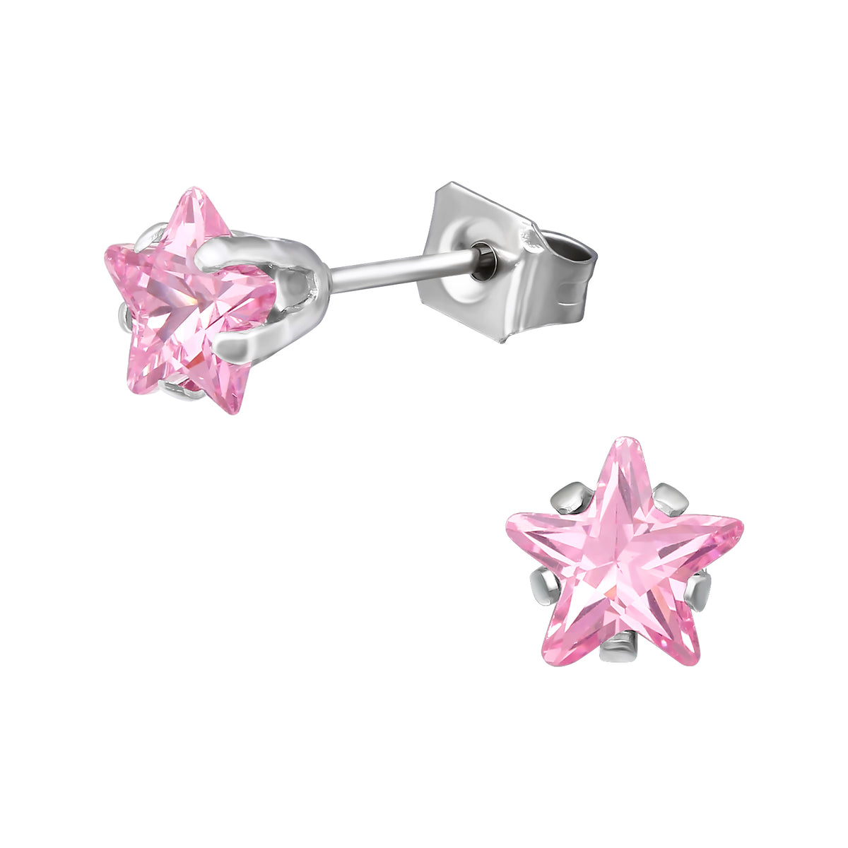 High Polish Surgical Steel Star 6mm Ear Studs with Cubic Zirconia