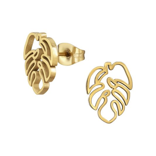 Gold Plated Stainless Steel Monstera Ear Studs