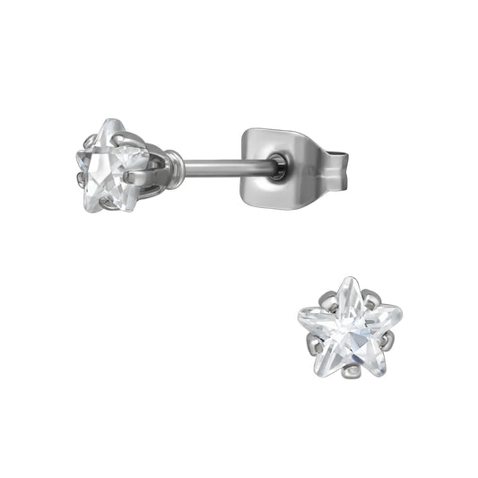 6mm Star Surgical Steel Ear Studs with Cubic Zirconia